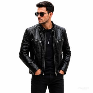 Men's Black Python Leather Jacket - Genuine Snakeskin Textured Motorcycle Biker Jacket, Slim Fit Streetwear Designer Luxury Cafe Racer Coat