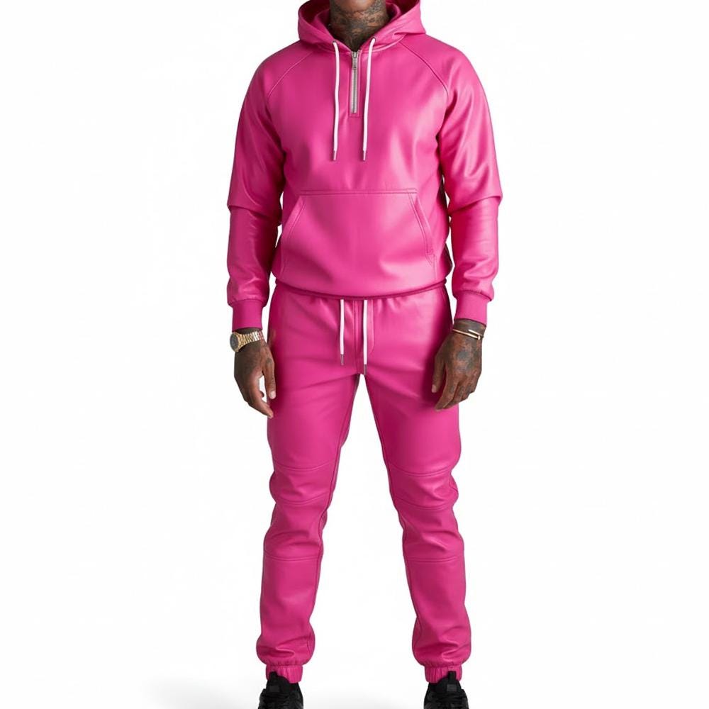 Men's Hot Pink Faux Leather Tracksuit Set, Quarter Zip Hoodie, Joggers, Streetwear Outfit