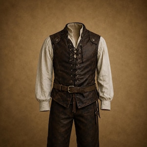 May include: A dark brown leather vest with a front lace-up closure and a matching belt, worn over a long-sleeved beige shirt. The vest features metal eyelets and shoulder detailing, paired with matching dark brown leather trousers.