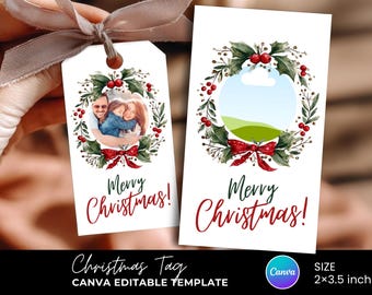 Peut inclure: Étiquettes cadeaux de Noël blanches avec un motif de couronne, un nœud rouge et le texte "Merry Christmas!". Une étiquette a une photo de famille, l'autre a un espace vide pour une photo. La taille est de 5,08 x 8,89 cm.