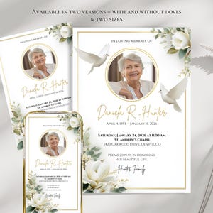 Modèle d'invitation aux funérailles, faire-part commémoratif modifiable avec photo, motif floral et colombe, carte de décès nécrologie Canva, invitation électronique personnalisée
