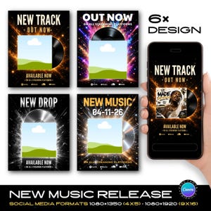 Può includere: Un set di sei modelli digitali per social media dedicati alle uscite musicali, con sfondi neri, esplosioni di luce, dischi in vinile e segnaposto per copertine di album. Il testo include New Track, Out Now, New Drop e New Music con icone streaming.