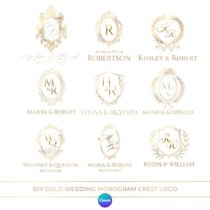 Gold Monogram Crest Logo Template | Custom Elegant Wedding Logo | Editable Luxury Initials Golden Personal Emblem | Canva Template