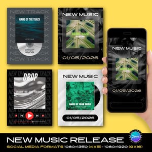 Op de afbeelding: Een digitale sjablonenset voor muziekpromotie met vier verschillende vierkante grafische ontwerpen en een smartphone-display-mockup. Elke lay-out bevat tekstvelden voor New Music, artiestennamen, tracktitels en de datum 01/05/2026.
