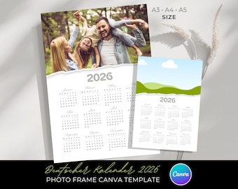 Deutscher Foto Kalender 2026 • German Calendar 2026 Mall • A3 A4 A5 • Utskrivbar Jahreskalender • Canva Fotorammall