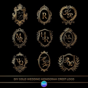Wedding Crest Logo • Gold Wedding Monogram Crest Logo Template • Luxury Initials Golden Emblem •  Elegant Canva Template