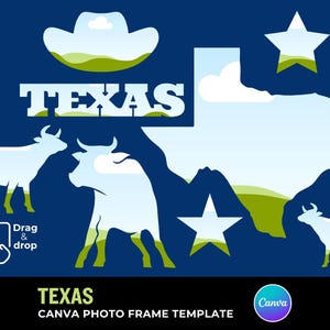 Puede incluir: Diseño gráfico sobre un fondo azul oscuro, con siluetas blancas de un sombrero de vaquero, estrellas y ganado. La palabra "TEXAS" se muestra en blanco, junto con el contorno del estado. La imagen incluye el texto "CANVA PHOTO FRAME TEMPLATE".