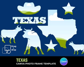 Moldura para foto em tela do Texas – Chapéu de cowboy, mapa do estado, estrelas e vacas | Molduras digitais para colagem com tema do Oeste americano