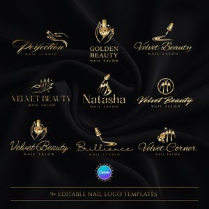 Può includere: Una collezione di nove modelli di logo per saloni di unghie dorati su sfondo nero. I loghi presentano eleganti caratteri script e disegni di flaconi di smalto per unghie. Il testo include "Perfection", "Golden Beauty", "Velvet Beauty", "Natasha" e "Brilliance".