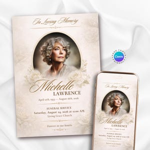 Plantilla de invitación funeraria floral beige, anuncio conmemorativo editable con foto, diseño de rosa blanca y rosa, tarjeta de obituario de Canva, folleto