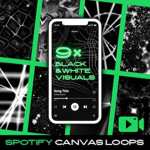 May include: A smartphone screen displaying a music player interface with the text 9x BLACK & WHITE VISUALS in neon green. The background features a grid of nine distinct black and white abstract patterns, with a video icon in the bottom right corner.