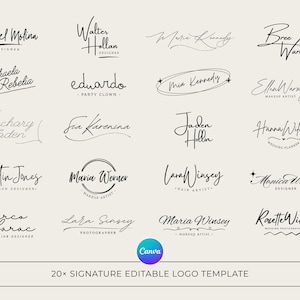 Puede incluir: Una colección de 20 plantillas de logotipos de firma en una variedad de fuentes elegantes y manuscritas. Los logotipos presentan nombres y títulos como "Diseñador", "Maquillador" y "Fotógrafo". El logotipo de Canva es visible en la parte inferior, junto con el texto "20x SIGNATURE EDITABLE LOGO TEMPLATE".