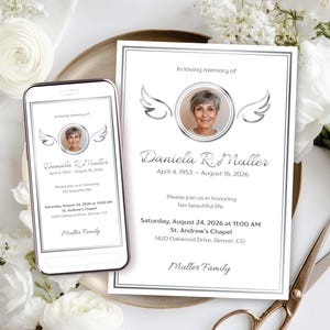 Puede incluir: Una tarjeta conmemorativa y un teléfono inteligente muestran un homenaje a Daniela R. Muller, con su foto dentro de un marco plateado con alas de ángel. La tarjeta y el teléfono incluyen las fechas 4 de abril de 1953 - 16 de agosto de 2026 y detalles del evento.