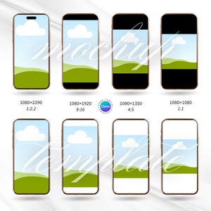 May include: A mockup template featuring eight smartphones with different screen ratios and dimensions. Each phone displays a landscape scene with a blue sky, white clouds, and green hills. The image includes text indicating screen sizes and aspect ratios.