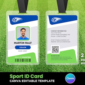 May include: A clear plastic sport ID card with a blue and green design. The card features a photo of a man, the name "Martin Ralf", and the title "COACH". The card also includes contact information and a QR code.