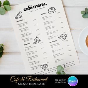 Könnte beinhalten: Eine Café-Menüvorlage mit minimalistischem Design, die Frühstück, Kaffee, Desserts und Getränke zeigt. Das Menü enthält Strichzeichnungen eines Croissants, einer Kaffeetasse, eines Kuchens und einer Teekanne. Auf weißem Hintergrund.