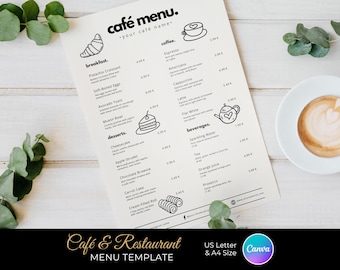 Modello di menu Canva / Design Canva modificabile per bar moderno / Menu minimalista per caffè / Icone per colazione, brunch e caffè