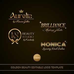Modello di logo Golden Beauty per Canva / Marchio di salone di lusso dorato modificabile / Pacchetto di loghi per truccatori, studi di unghie, centri estetici, parrucchieri e ciglia