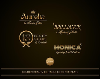 Golden Beauty Logo Template for Canva | Editable Gold Luxury Salon Branding | Makeup Artist, Nail Studio, Beauty, Hair, Lash Logo Pack