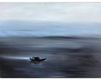 Abstract Seascape Oil Painting | Minimal Boat Artwork | Original Contemporary Wall Art