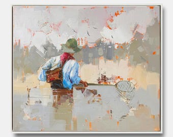 Hand Painted Fishing Oil Painting, Fly Fishing Wall Art, Fisherman Landscape Painting, Outdoor Nature Canvas Art