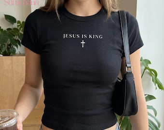 Koszulka dla niemowląt "Jesus Is King", krótki top chrześcijański "Y2K", koszulka dla niemowląt "Jesus Lover", koszulka religijna, damska bluzka z motywem wiary, minimalistyczny prezent chrześcijański