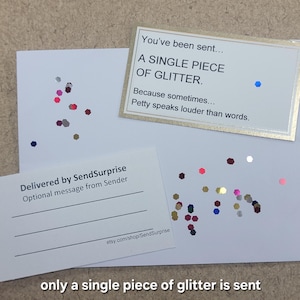 May include: A white card with the text "You've been sent... A SINGLE PIECE OF GLITTER." and "Because sometimes... Petty speaks louder than words." Scattered glitter in various colors is also present.
