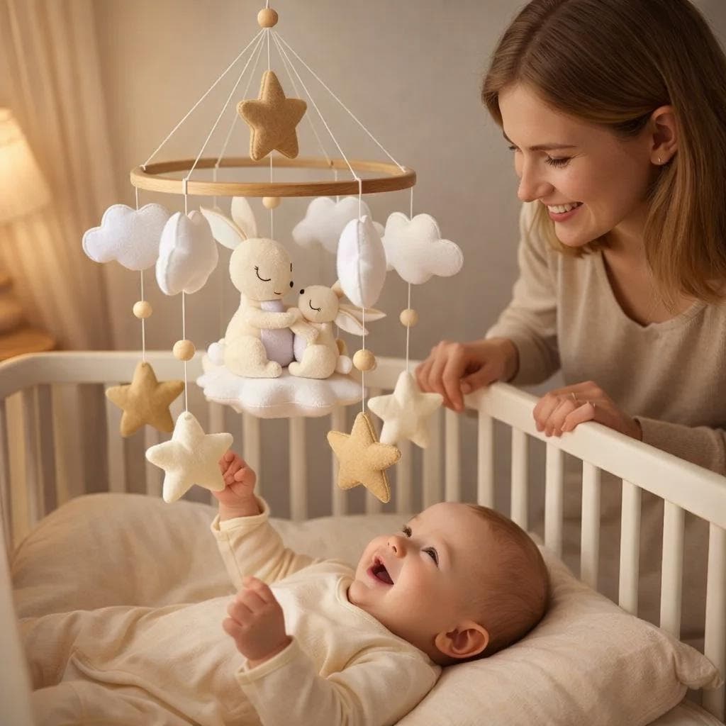Baby Mobile with Cute Rabbits, Stars - Soft, Cozy Crib Hanging Toy, Rabbits Shower Gift, Rabbits Felt, New Born Gift, Rabbits Crib Decor