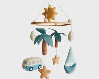 Miami Beach Baby Mobile, Coastal Crib Nursery, Palm Tree Nursery Decor, Boho Ocean Felt Mobile