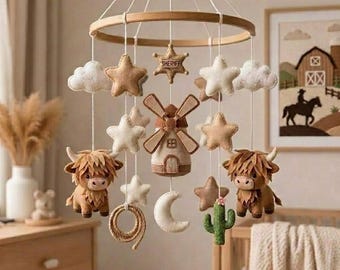 Highland Cow Baby Mobile, Western Crib Mobile, Cowboy Cowgirl Nursery Decor, Farmhouse Felt Mobile, Rustic Baby Shower Gift