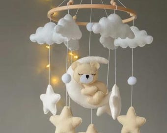 Vintage Sleeping Bear Moon Baby Crib Mobile, Nursery Decor with Clouds Stars, Felt Baby Mobile, Baby Shower Gift, New Born Gift, Crib Decor