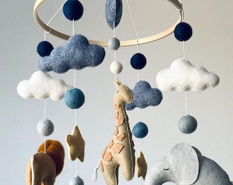 Safari Animal Baby Crib Mobile, African Animal Mobile, Elephant Giraffe Nursery Decor, Blue Neutral Felt Mobile, Handmade Baby Shower Gift