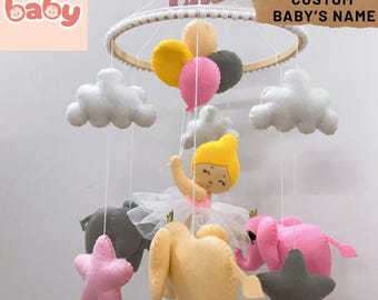 Baby Name Princess Crib Mobile, Handmade Felt Fairy Elephant Nursery Decor for Girls, Clouds Stars Sensory Toy, Visual Sensory Stimulation