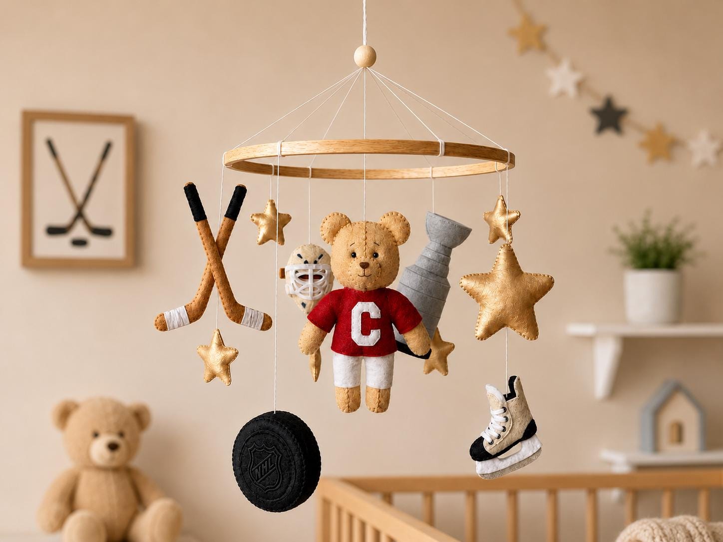 Hockey Baby Mobile for Crib, Teddy Bear Sports Nursery Mobile, Felt NHL Inspired Baby Mobile, Hockey Nursery Decor Boy Gift, Girl