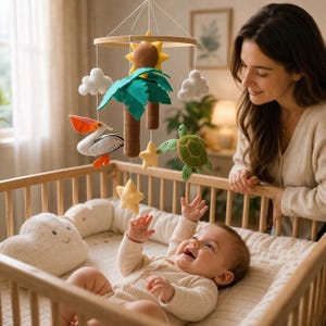 May include: A baby mobile with a wooden frame, featuring felt sun, palm tree, clouds, pelican, turtle, and star shapes. The mobile hangs above a baby in a wooden crib. A woman looks at the baby.