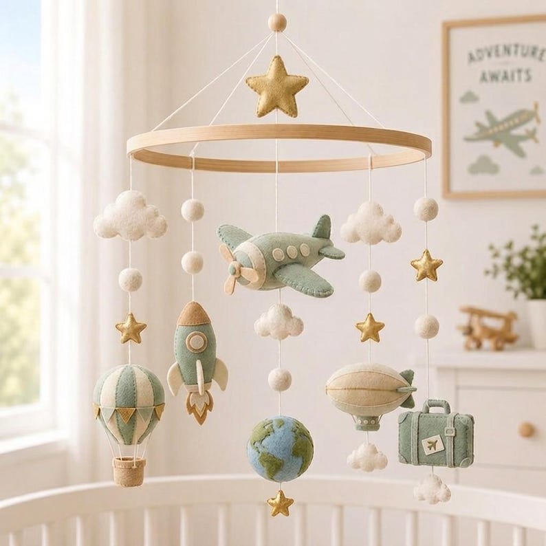 Puede incluir: Un m&oacute;vil colgante para cuna con figuras de fieltro de un avi&oacute;n verde salvia, un cohete, un globo aerost&aacute;tico, un globo terr&aacute;queo, una maleta y nubes, suspendidos de un marco circular de madera con estrellas doradas y bolas de fieltro.