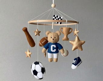 Vintage Sport Nursery Mobile, Football Teddy Bear Mobile, Soccer Bear Mobile, Sports Nursery Decor, Baby Boy, Shower Gift Idea, New Mom Gift