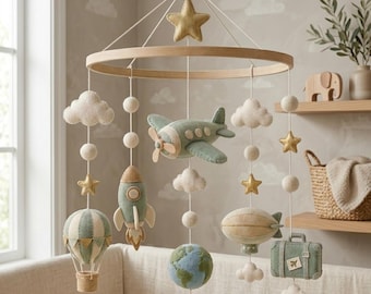 Travel Adventure Baby Mobile, Airplane Crib Mobile, Hot Air Balloon Nursery Mobile, Felt Baby Mobile, Vintage Nursery, Girl Dad, Boy Mom