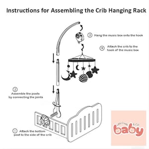 K&ouml;nnte beinhalten: Diagramm zur Montage eines Babybett-H&auml;ngeregals. Die Anweisungen zeigen, wie man den unteren Pfosten befestigt, die Pfosten zusammensetzt, die Musikbox aufh&auml;ngt und das Bett anbringt. Das Mobile zeigt Sterne, Monde und einen gestreiften Ball.