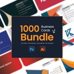 Puede incluir: Un conjunto de tarjetas de visita con un gráfico central que dice "1000 Business Cards Bundle". El paquete incluye 300 tarjetas verticales, 300 horizontales, 300 de bolsillo y 100 transparentes. El diseño presenta los logotipos de Adobe Photoshop e Illustrator.