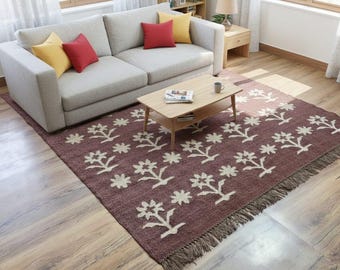 Handwoven Wool Kilim Rug, Floral Tree of Life, Brown Ivory Dhurrie
