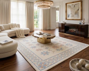 Hand Tufted Wool Floral Rug – Pastel Blue & Blush Pink Flower Carpet