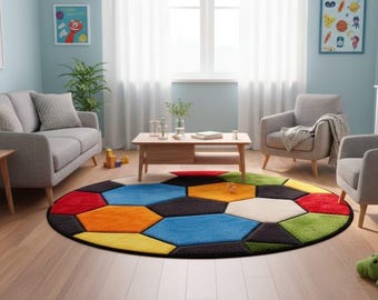 Hand Tufted Round Kids Rug, Multicolor Geometric Pattern, Playroom Nursery Decor, Modern Abstract Design