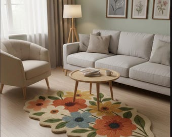 Hand Tufted Floral Area Rug, Scalloped Edge, Multicolor Flowers Beige Background