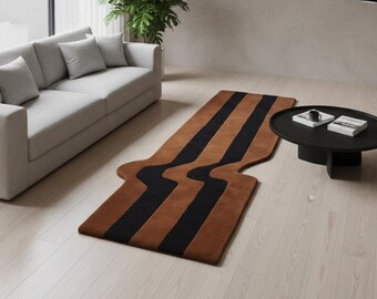Hand Tufted Geometric Area Rug, Red and Black Retro Stripe