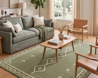 Hand Tufted Wool Rug, Sage Green Geometric Tribal Moroccan Carpet