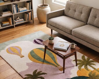 Hand Tufted Wool Hot Air Balloon Rug, Kids Room Abstract Carpet, Modern Living Room