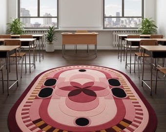 Hand-Tufted Wool Oval Rug, Pink Geometric Abstract Design