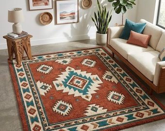 Hand Tufted Wool Rug, Southwestern Aztec Geometric Design, Boho Living Room Carpet