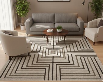 Hand-Tufted Wool Geometric Ogee Area Rug, Navy Blue Ivory Modern Carpet